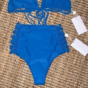 MIKOH Gold Coast High Waisted bottom with crotchet detail in Makai NWT
